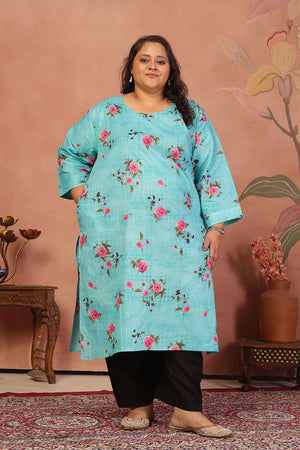 Blue Floral Printed Cotton Long Kurti (ACB2563)