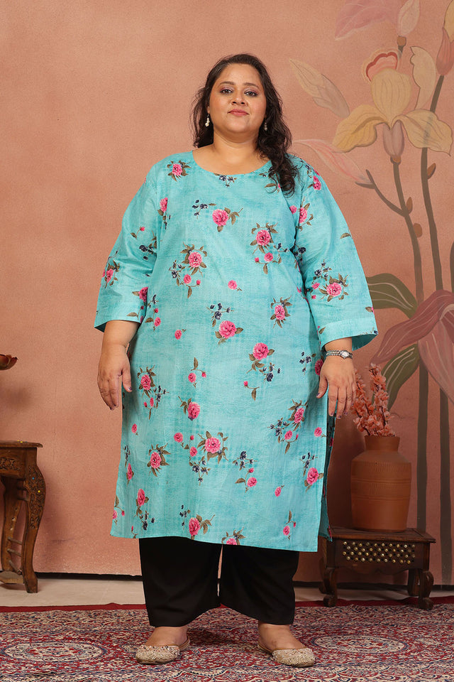 Blue Floral Printed Cotton Long Kurti (ACB2563)