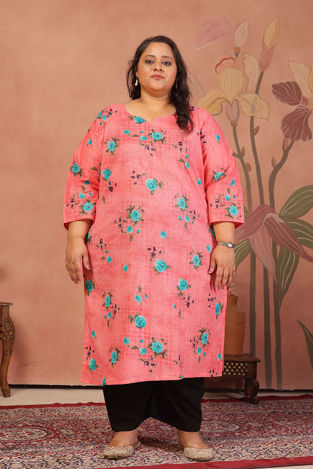 Pink Floral Printed Cotton Long Kurti (ACB2564)