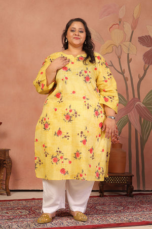 Yellow Floral Printed Cotton Long Kurti (ACB2565)