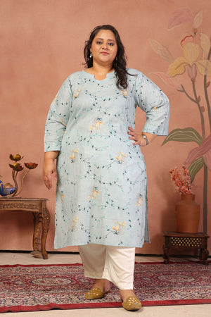 Blue Floral Printed Cotton Long Kurti (ACB2567)