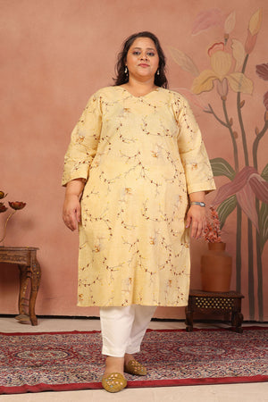 Yellow Floral Printed Cotton Long Kurti (ACB2568)