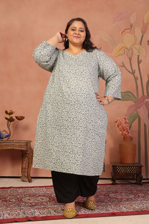 Grey Floral Printed Cotton Long Kurti (ACB2569)