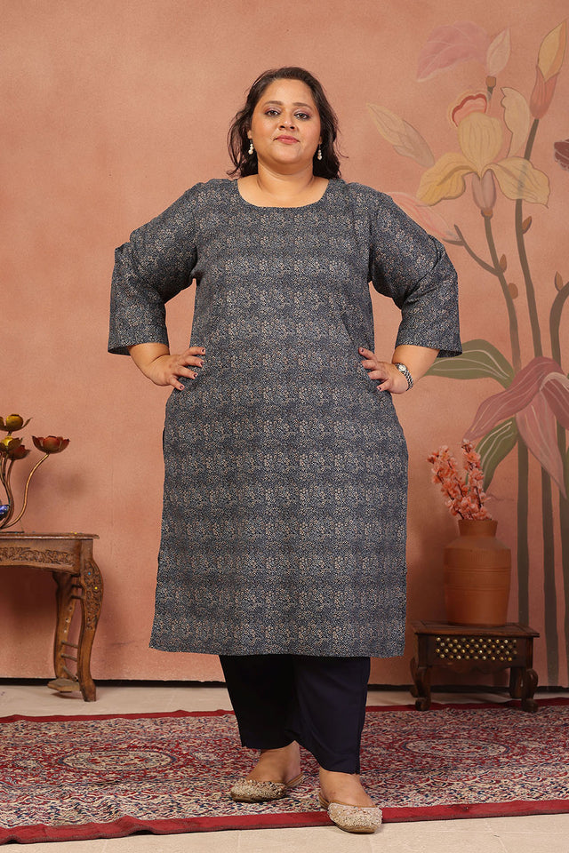 Blue Floral Printed Cotton Long Kurti (ACB2573)