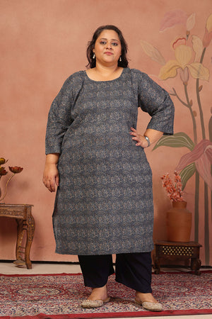 Blue Floral Printed Cotton Long Kurti (ACB2573)