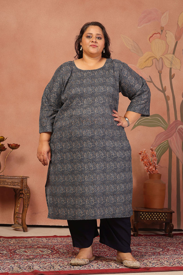 Blue Floral Printed Cotton Long Kurti (ACB2573)
