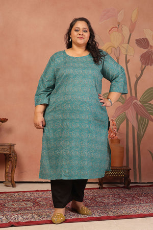 Turquoise Floral Printed Cotton Long Kurti (ACB2576)