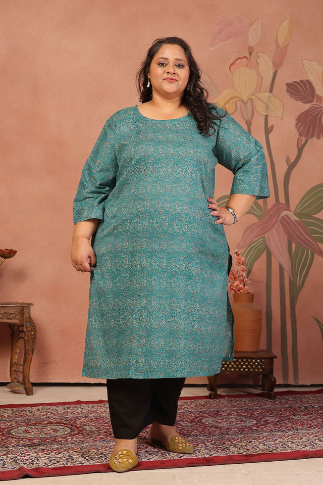 Turquoise Floral Printed Cotton Long Kurti (ACB2576)