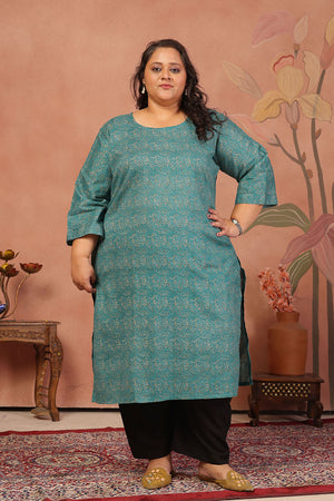 Turquoise Floral Printed Cotton Long Kurti (ACB2576)
