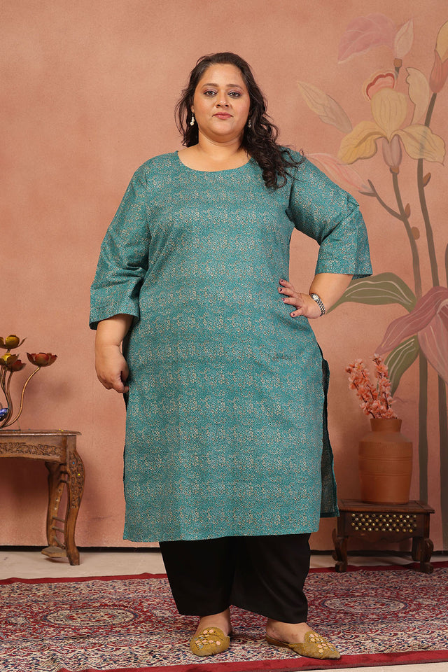 Turquoise Floral Printed Cotton Long Kurti (ACB2576)