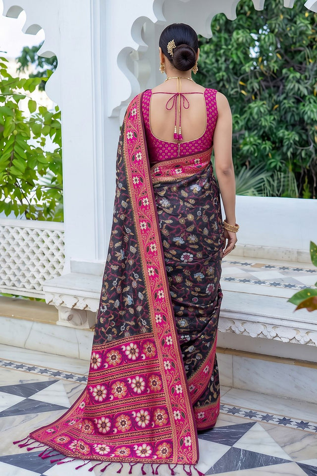 Black Floral Woven Silk Saree (ACB2578)