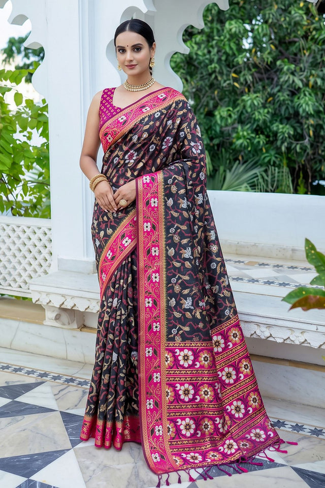 Black Floral Woven Silk Saree (ACB2578)