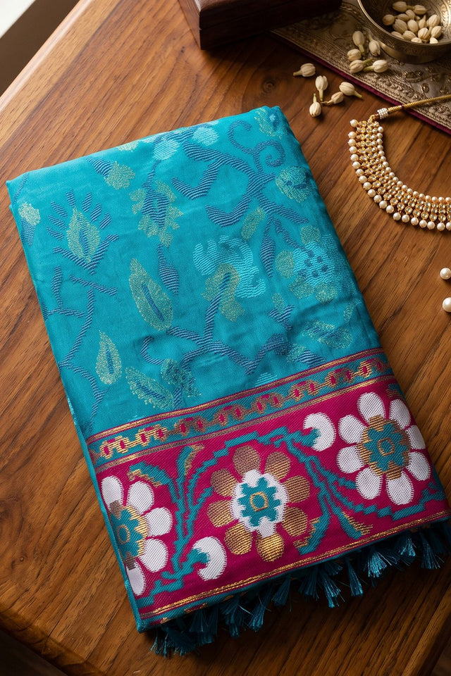 Sky Blue Floral Woven Silk Saree (ACB2582)