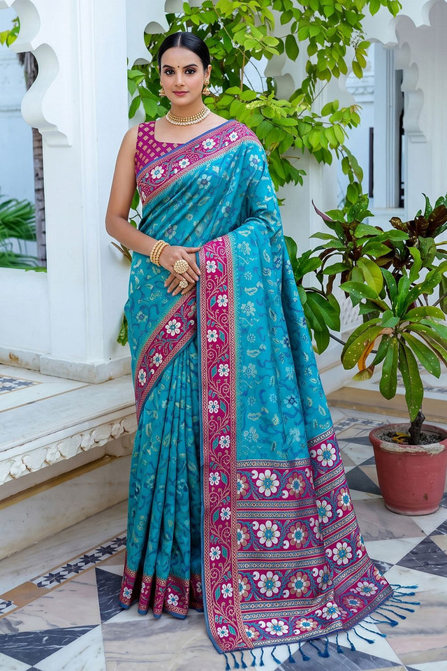 Sky Blue Floral Woven Silk Saree (ACB2582)