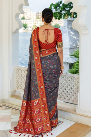Grey Floral Woven Silk Saree (ACB2583)