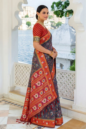 Grey Floral Woven Silk Saree (ACB2583)