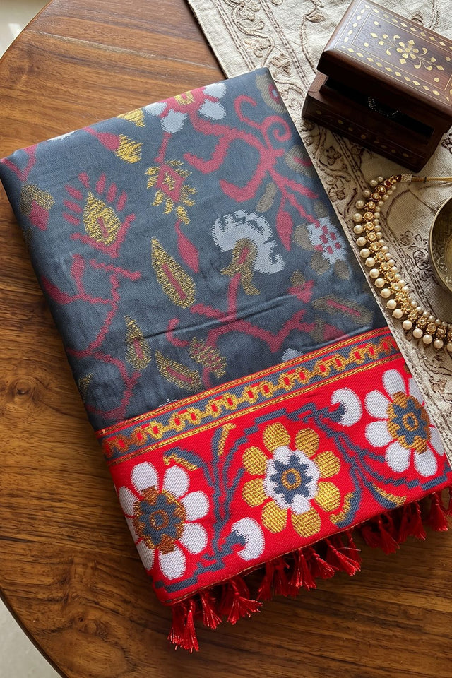 Grey Floral Woven Silk Saree (ACB2583)