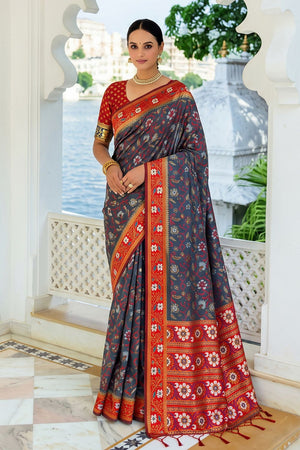 Grey Floral Woven Silk Saree (ACB2583)