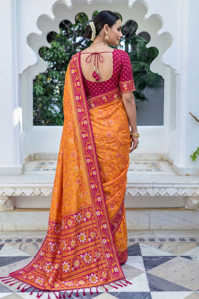 Orange Floral Woven Silk Saree (ACB2584)