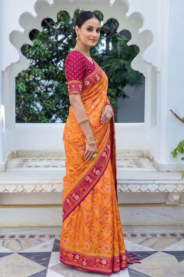 Orange Floral Woven Silk Saree (ACB2584)