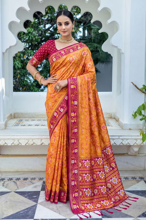 Orange Floral Woven Silk Saree (ACB2584)