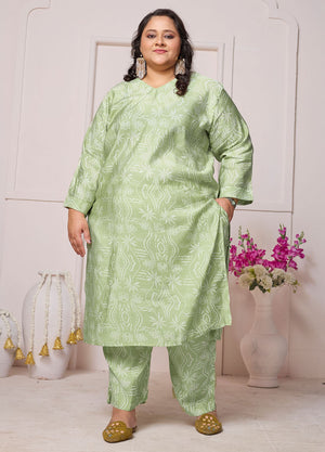 Green Floral Printed Chanderi Kurti Pant Set (ACB2591)