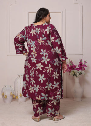 Wine Floral Printed Chanderi Kurti Pant Set (ACB2592)