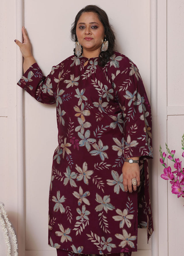 Wine Floral Printed Chanderi Kurti Pant Set (ACB2592)