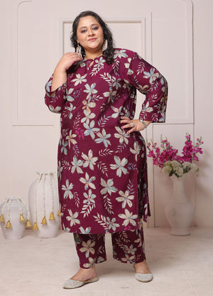 Wine Floral Printed Chanderi Kurti Pant Set (ACB2592)