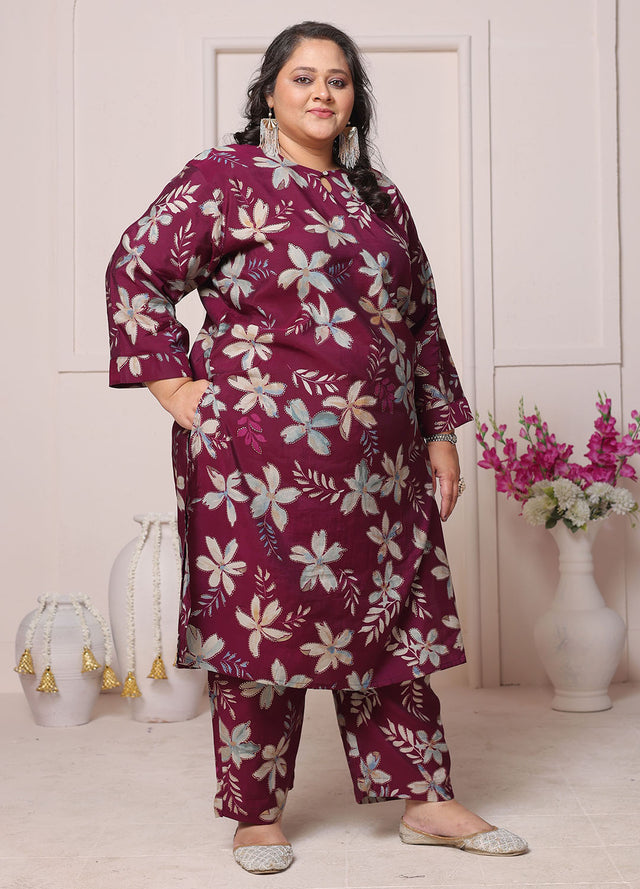 Wine Floral Printed Chanderi Kurti Pant Set (ACB2592)