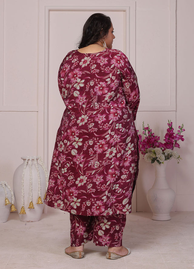 Maroon Floral Printed Chanderi Kurti Pant Set (ACB2594)