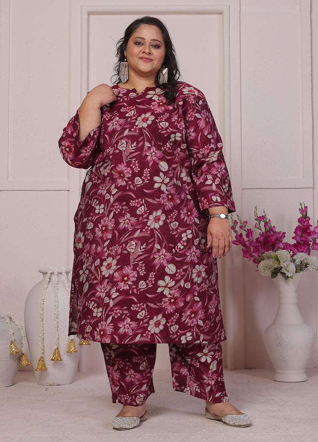 Maroon Floral Printed Chanderi Kurti Pant Set (ACB2594)