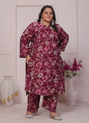 Maroon Floral Printed Chanderi Kurti Pant Set (ACB2594)