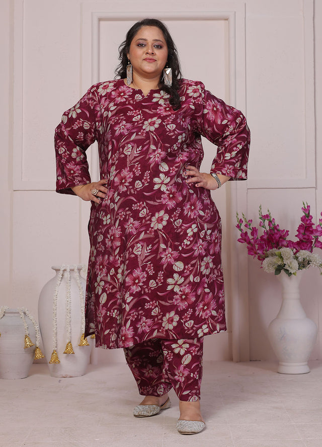 Maroon Floral Printed Chanderi Kurti Pant Set (ACB2594)