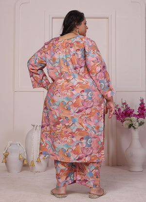 Peach Floral Printed Chanderi Kurti Pant Set (ACB2595)