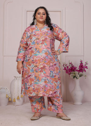 Peach Floral Printed Chanderi Kurti Pant Set (ACB2595)