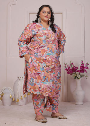 Peach Floral Printed Chanderi Kurti Pant Set (ACB2595)