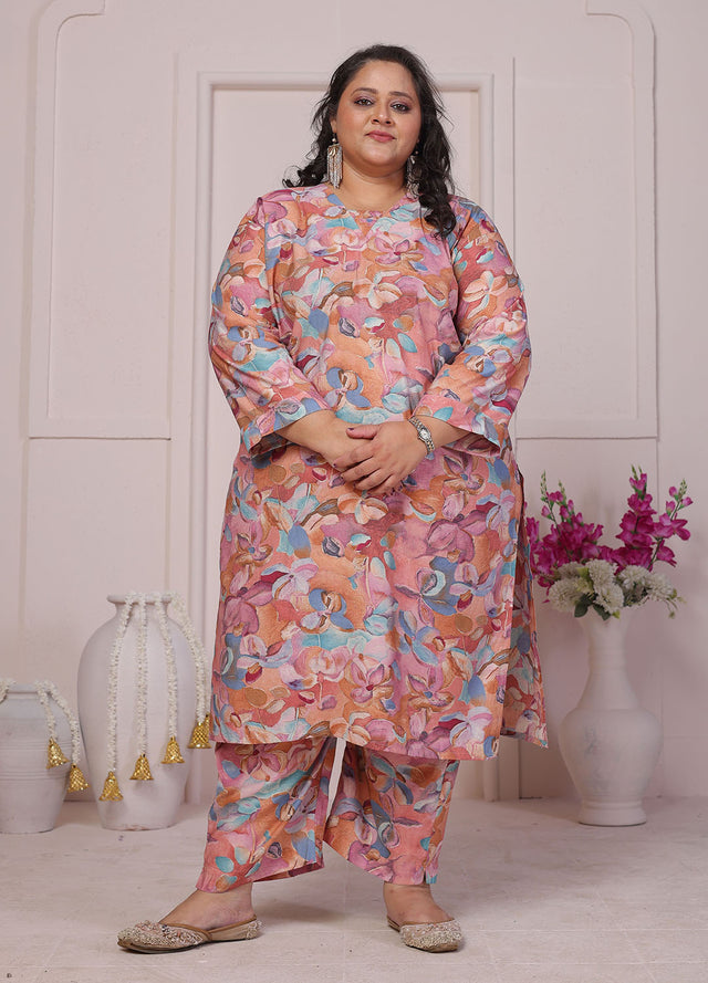 Peach Floral Printed Chanderi Kurti Pant Set (ACB2595)