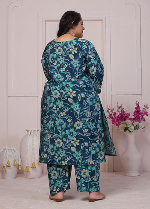 Turquoise Floral Printed Chanderi Kurti Pant Set (ACB2596)