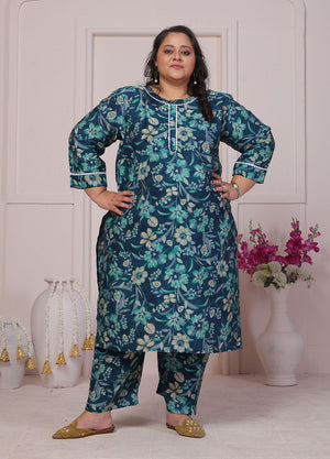 Turquoise Floral Printed Chanderi Kurti Pant Set (ACB2596)