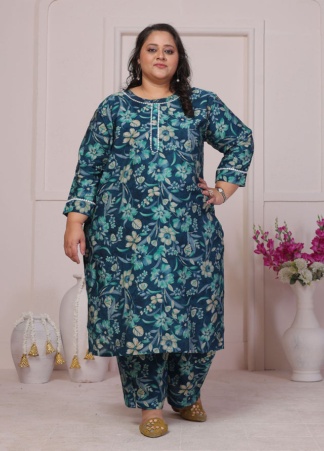 Turquoise Floral Printed Chanderi Kurti Pant Set (ACB2596)
