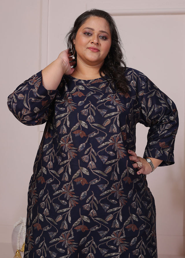 Blue Floral Printed Chanderi Kurti Pant Set (ACB2598)