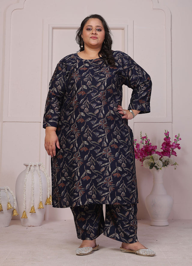 Blue Floral Printed Chanderi Kurti Pant Set (ACB2598)