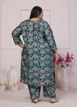 Green Floral Printed Chanderi Kurti Pant Set (ACB2599)
