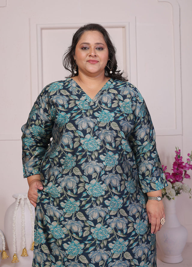 Green Floral Printed Chanderi Kurti Pant Set (ACB2599)