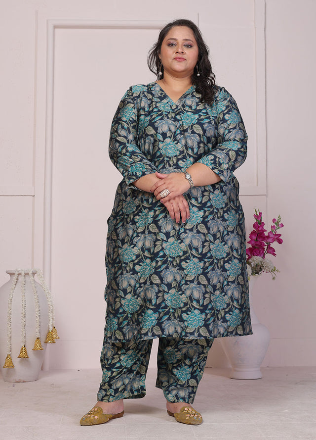 Green Floral Printed Chanderi Kurti Pant Set (ACB2599)