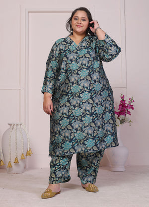Green Floral Printed Chanderi Kurti Pant Set (ACB2599)