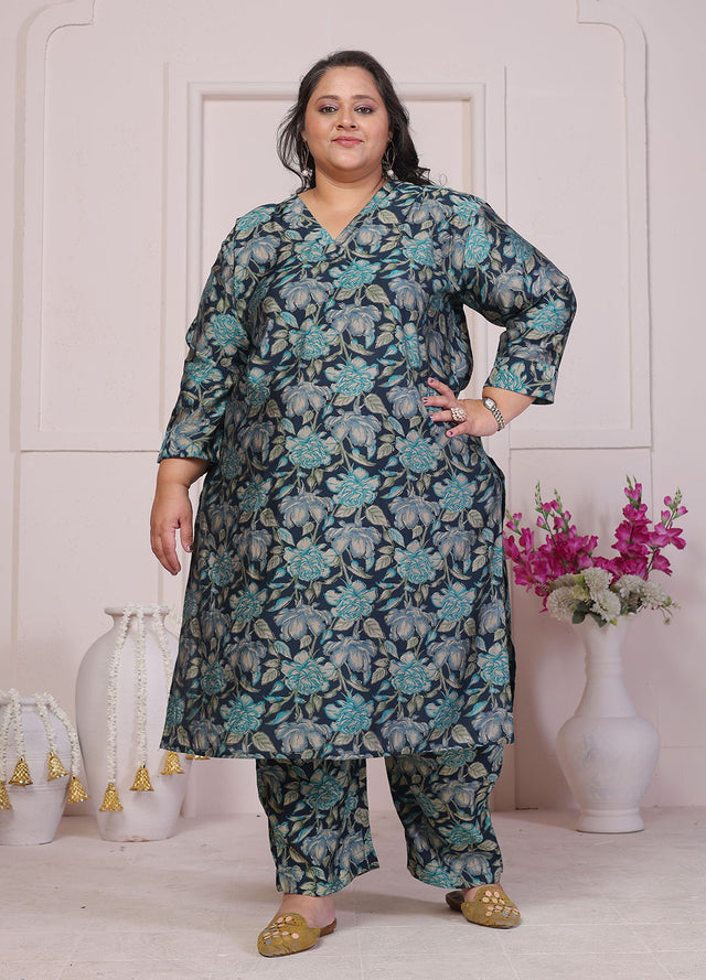 Green Floral Printed Chanderi Kurti Pant Set (ACB2599)