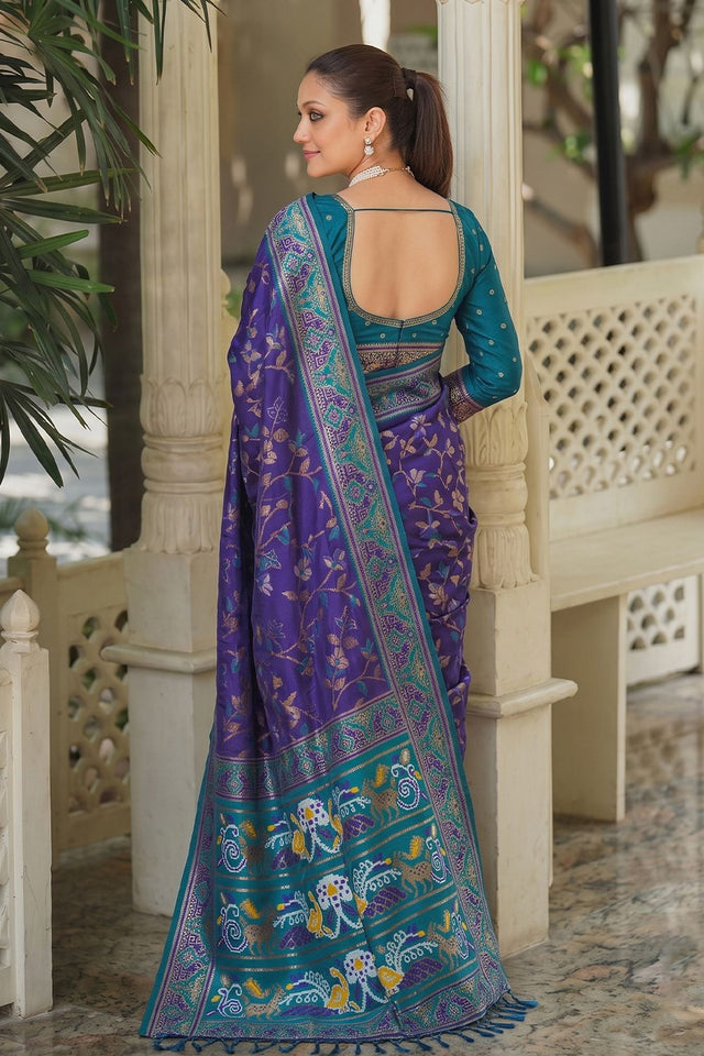 Blue Floral Woven Silk Saree (ACB2600)