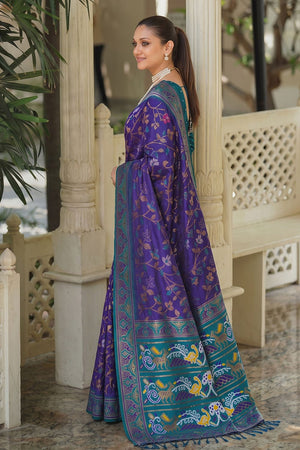 Blue Floral Woven Silk Saree (ACB2600)